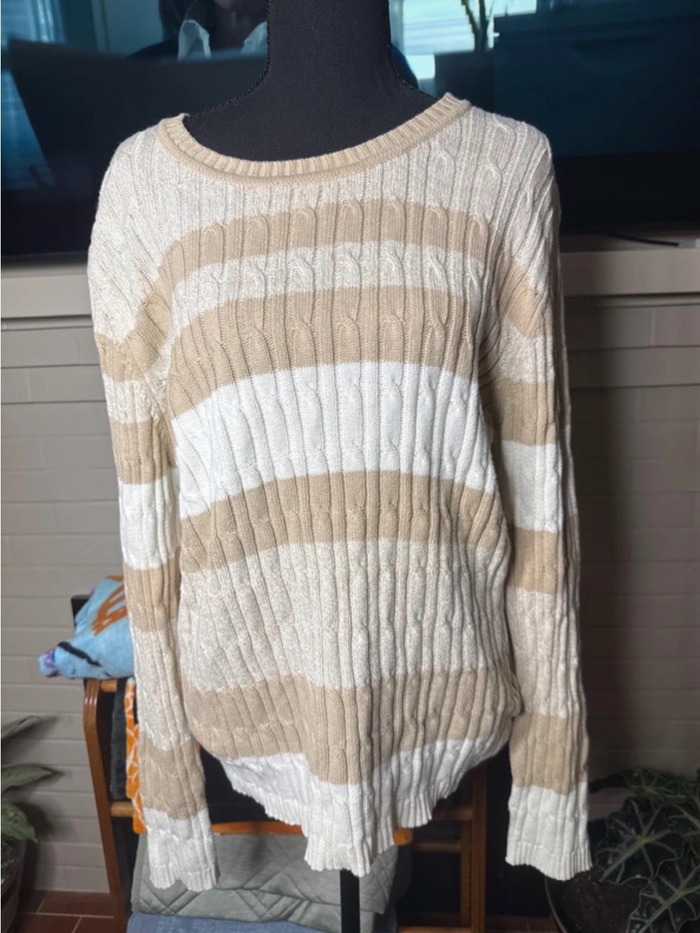 Karen Scott Cream and Tan Striped Cable-Knit Crew Sweater